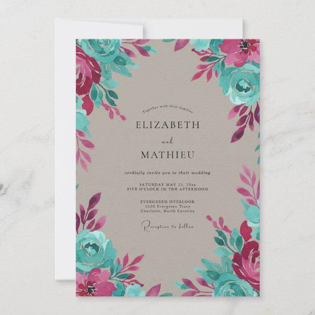 Invitation Mariage peint à la main aquarelle magenta (Devant)