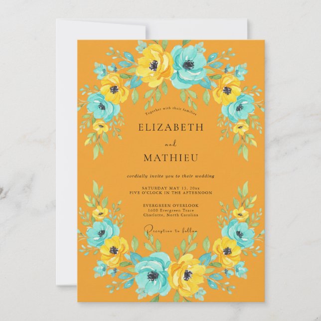 Invitation Mariage peint à la main moutarde turquoise (Devant)