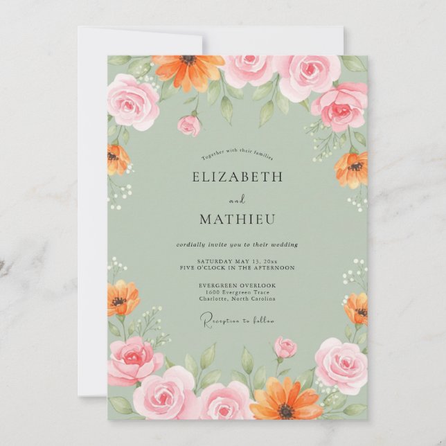 Invitation Mariage peint à la pêche douce et à la menthe (Devant)