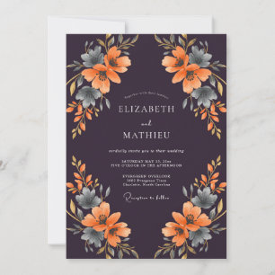 Invitation Mariage peint à la plume orangée capricieuse