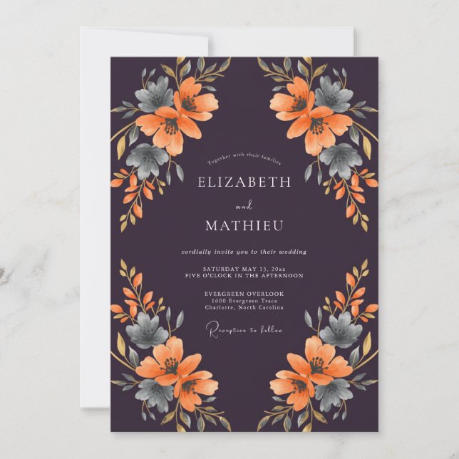 Invitation Mariage peint à la plume orangée capricieuse (Devant)