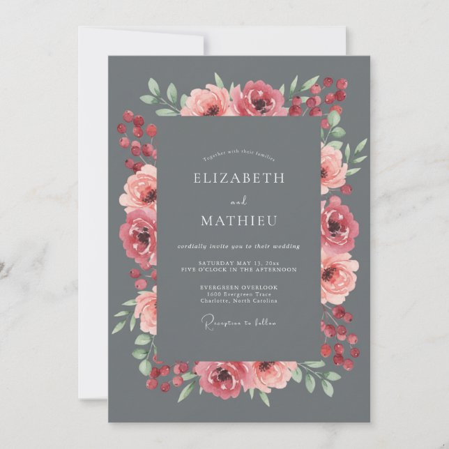 Invitation Mariage peint à la poussière de charbon rose (Devant)