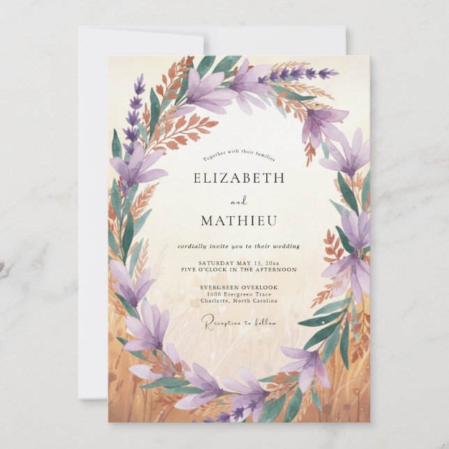 Invitation Mariage peint à la rose améthyste cuivre (Devant)