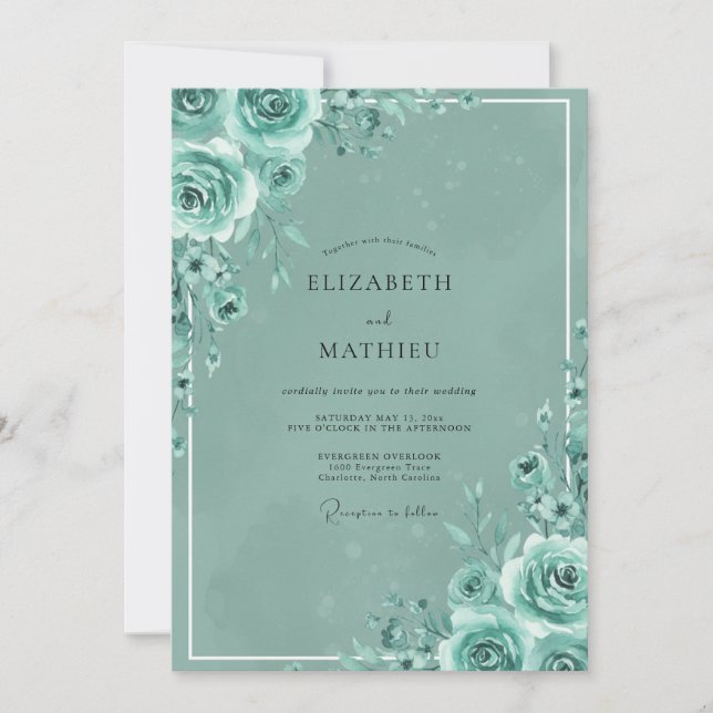 Invitation Mariage peint à la rose sarcelle (Devant)