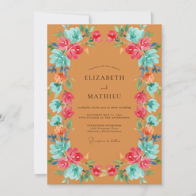 Invitation Mariage peint à la térébenthine turquoise moutarde (Devant)