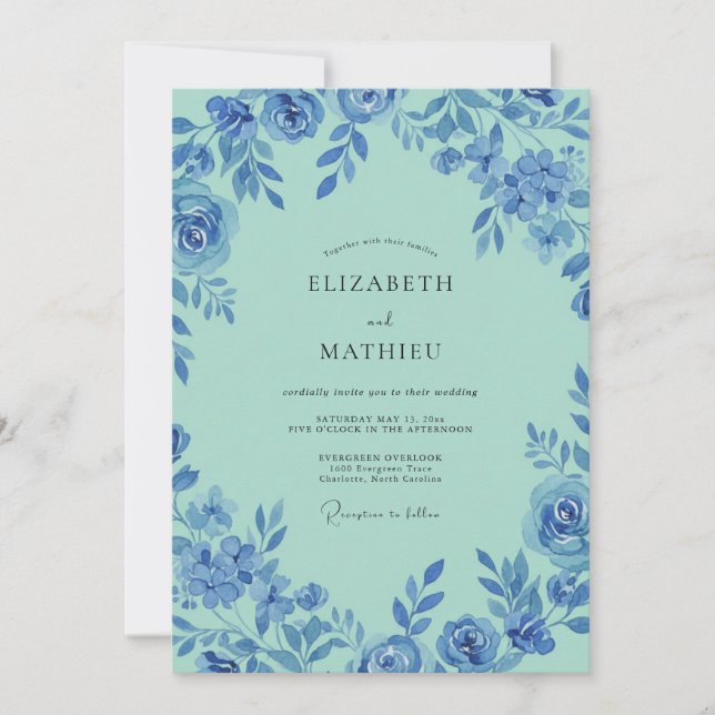 Invitation Mariage Peint à la Vigne Aqua (Devant)