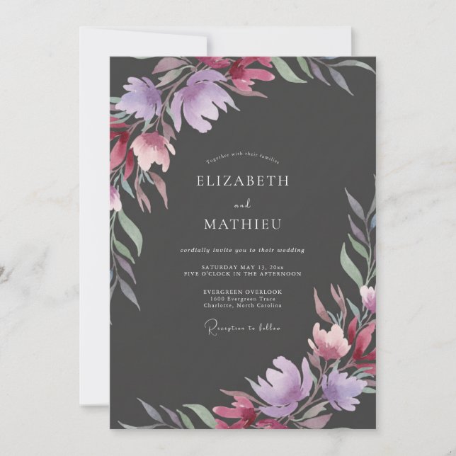 Invitation Mariage peint à la violette au charbon de bois (Devant)