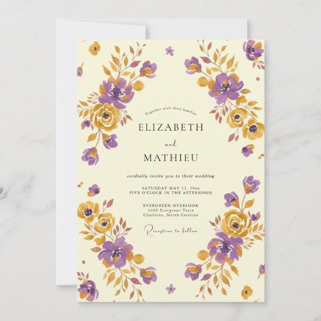 Invitation Mariage Peint à la Violette Moutarde Vintage (Devant)