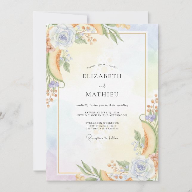 Invitation Mariage peint à l'abricot et au pervenche (Devant)