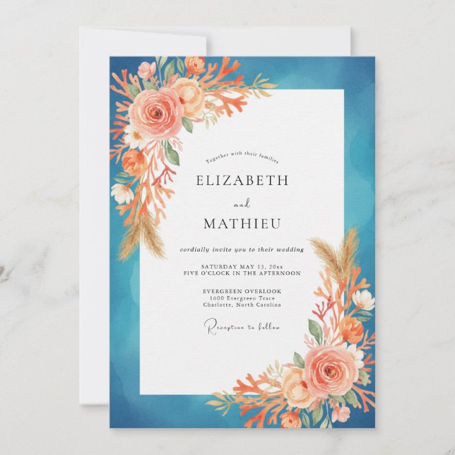 Invitation Mariage Peint à l'Abricot Sarcelle (Devant)