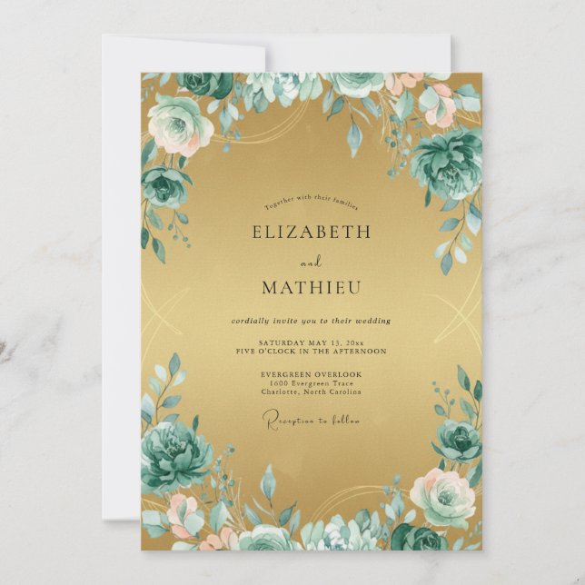 Invitation Mariage peint à l'aqua doré (Devant)