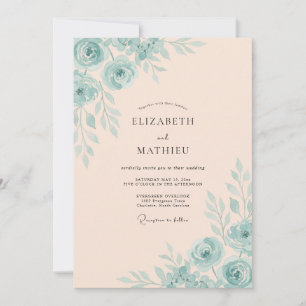 Invitation Mariage peint à l'Aquarelle Aqua Blush Champagne