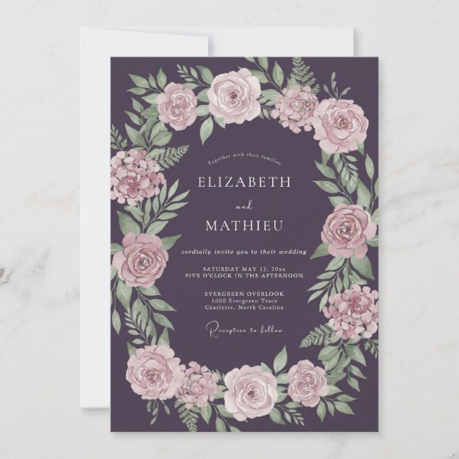 Invitation Mariage peint à l'aubergine rose atténué (Devant)
