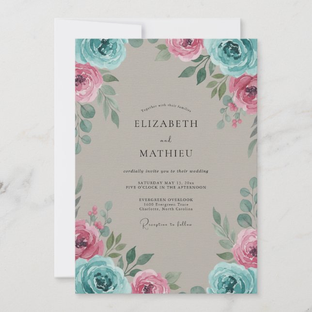 Invitation Mariage Peint à l'Encre Aqua Magenta (Devant)