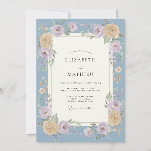 Invitation Mariage Peint à l'Encre Pervenche Lilas (Devant)