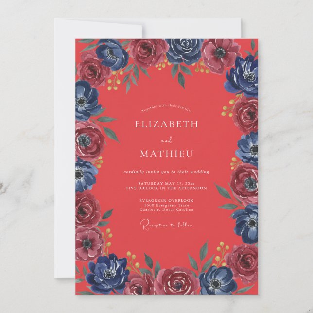 Invitation Mariage peint à l'indigo de corail doux (Devant)