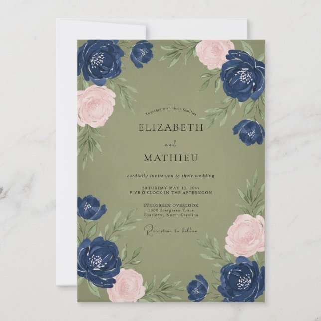 Invitation Mariage Peint à l'Olive Rose Navy (Devant)