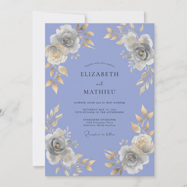 Invitation Mariage peint à l'or et au pervenche (Devant)