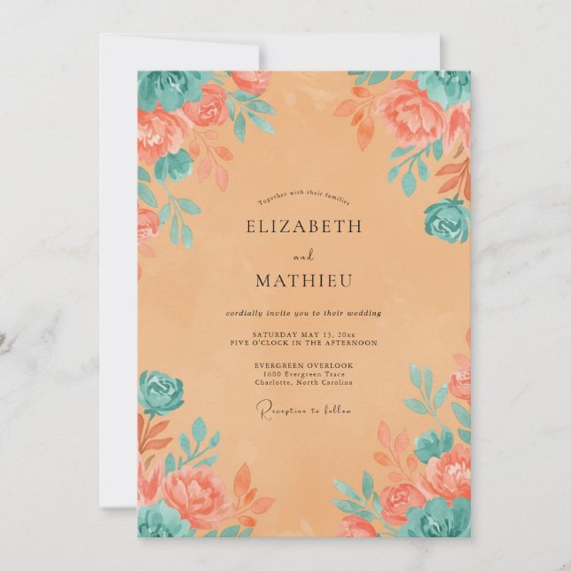 Invitation Mariage peint Abricot Turquoise (Devant)