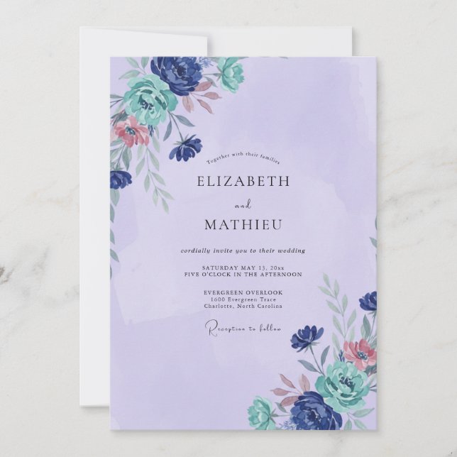 Invitation Mariage peint Améthyste et sarcelle (Devant)