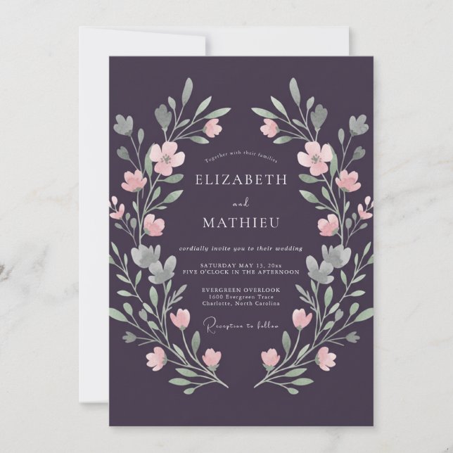 Invitation Mariage Peint Antique Argent Plum (Devant)