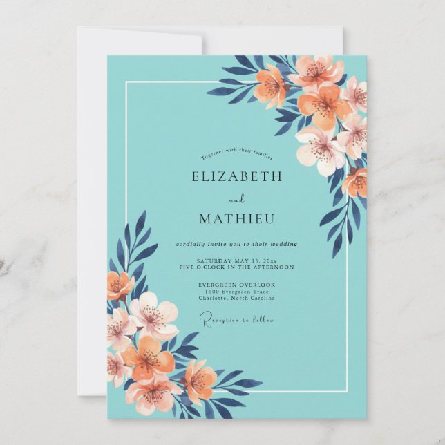 Invitation Mariage Peint Aqua Corail (Devant)