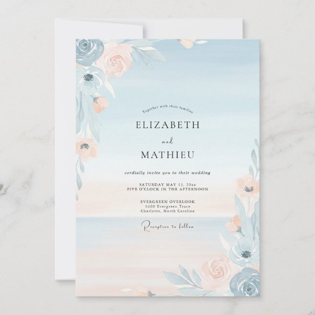 Invitation Mariage peint aquarelle abricot azur (Devant)