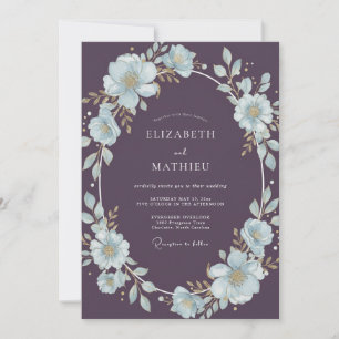 Invitation Mariage peint aquarelle prune et azur glacé