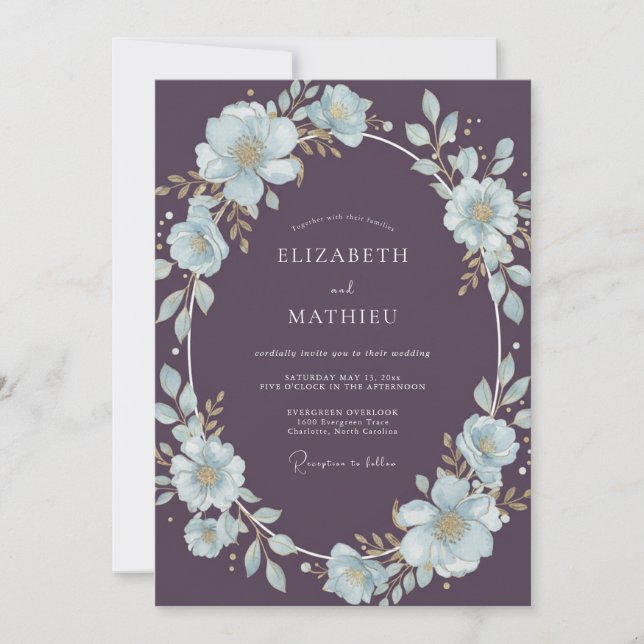 Invitation Mariage peint aquarelle prune et azur glacé (Devant)