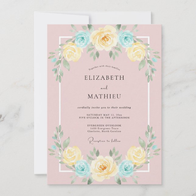 Invitation Mariage peint au beurre rosé azur (Devant)