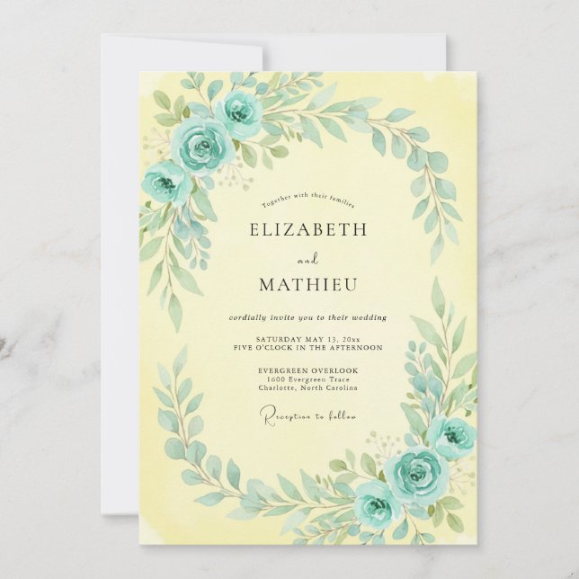Invitation Mariage peint au bleu ardoise et jaune (Devant)
