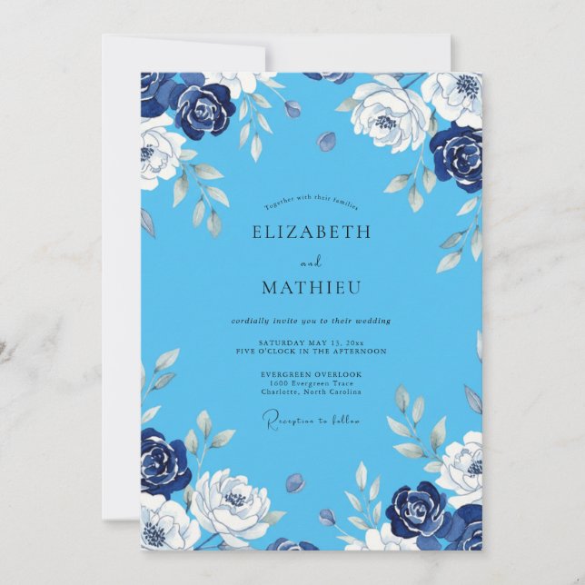 Invitation Mariage peint au bleu barbeau d'azure (Devant)