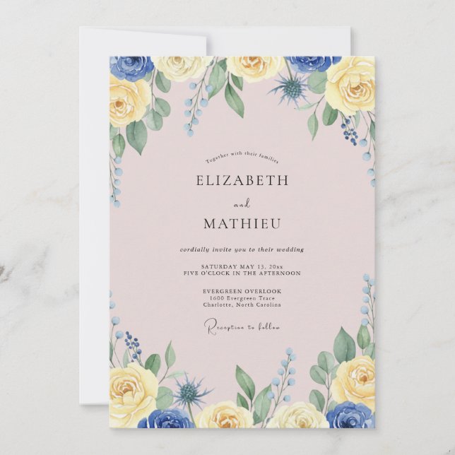Invitation Mariage peint au Bleuet Citron (Devant)