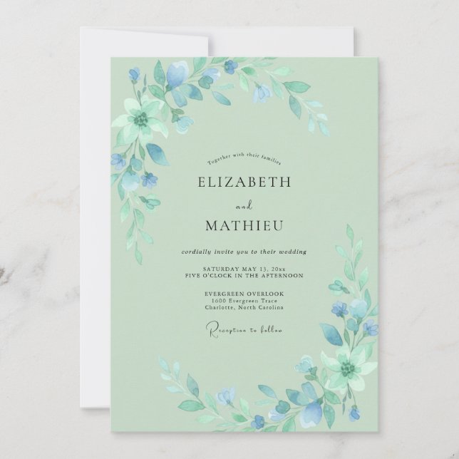 Invitation Mariage Peint au Bleuet et à la Menthe (Devant)