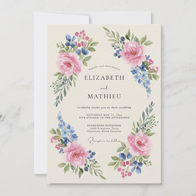 Invitation Mariage Peint au Blush et au Bleuet (Devant)