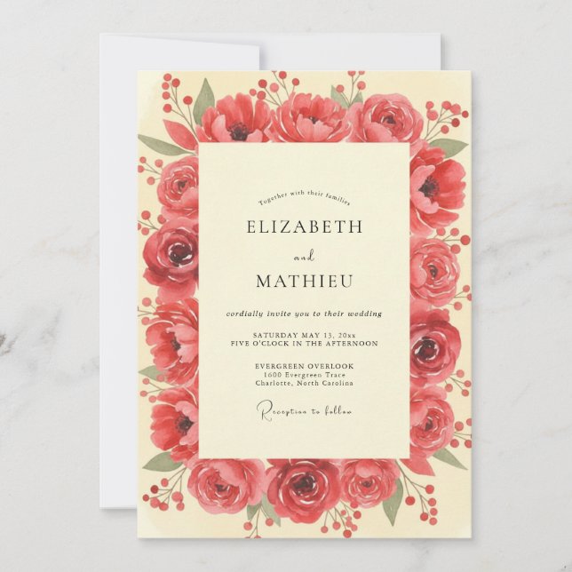 Invitation Mariage peint au bouton de renoncule corail (Devant)