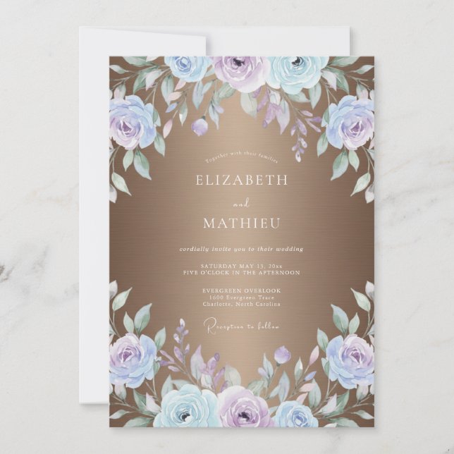 Invitation Mariage peint au bronze et au pervenche (Devant)