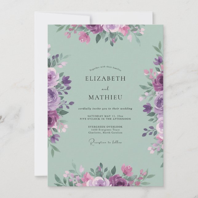 Invitation Mariage peint au céladon lilas (Devant)