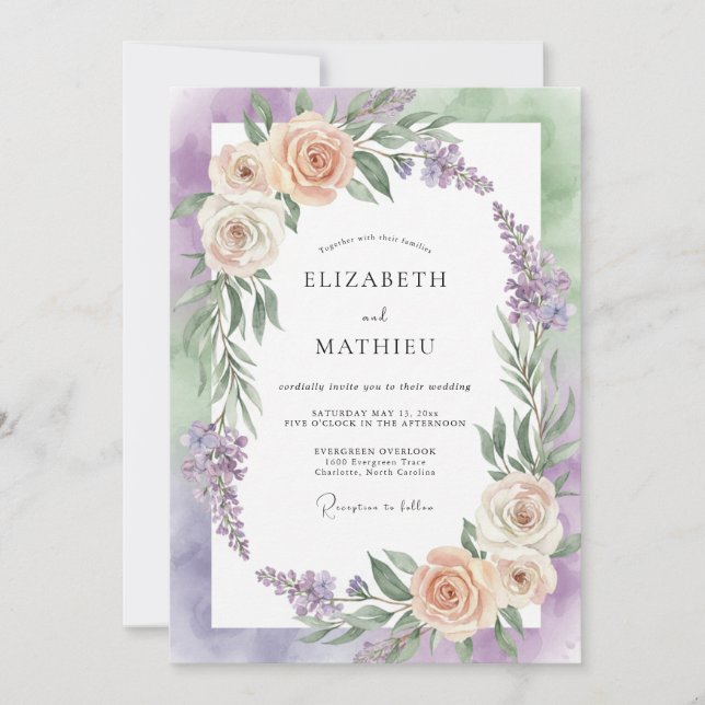 Invitation Mariage peint au champagne lilas (Devant)