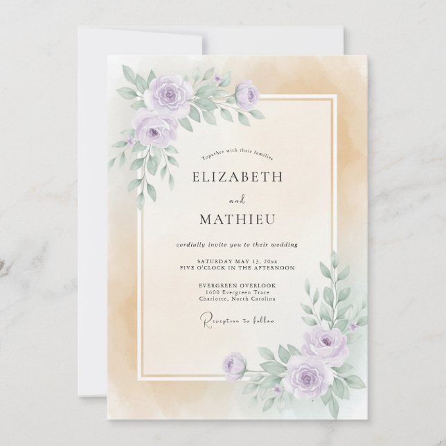 Invitation Mariage peint au champagne mauve (Devant)