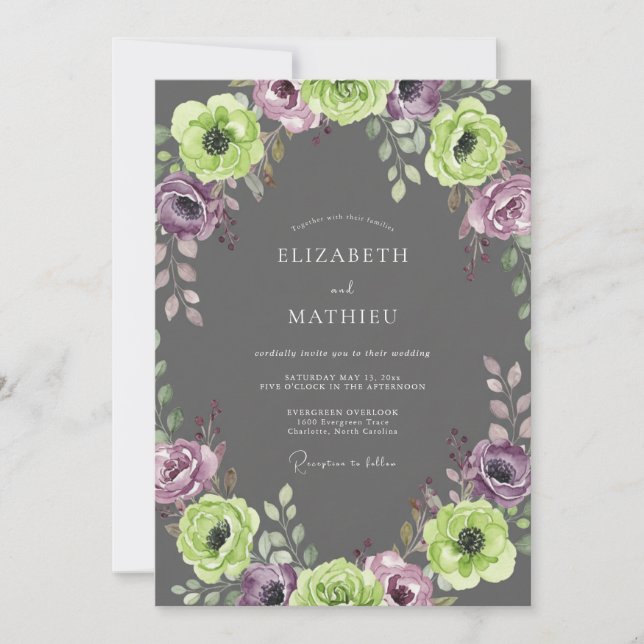 Invitation Mariage peint au charbon mauve lime (Devant)