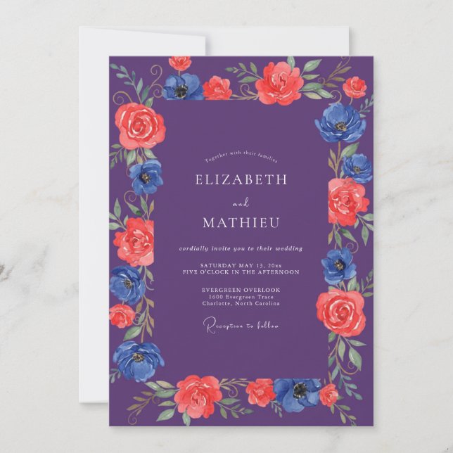 Invitation Mariage peint au cobalt rouge pourpre (Devant)