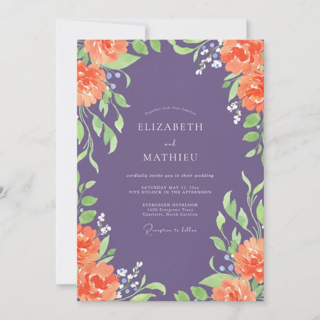 Invitation Mariage peint au corail améthyste (Devant)