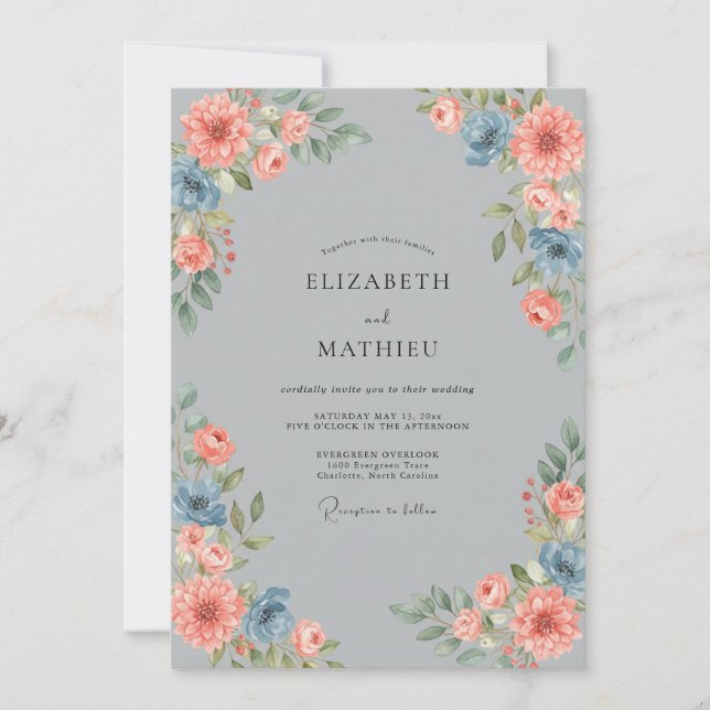 Invitation Mariage peint au corail argenté (Devant)