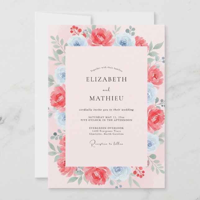 Invitation Mariage peint au corail chaud azur (Devant)