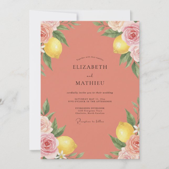 Invitation Mariage Peint au Corail Citron (Devant)