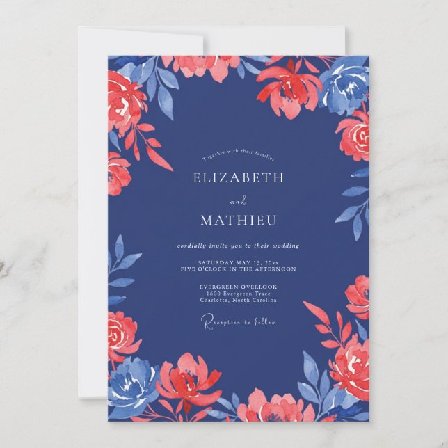 Invitation Mariage Peint au Corail de la Marine (Devant)
