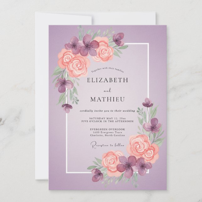 Invitation Mariage peint au corail doux améthyste (Devant)