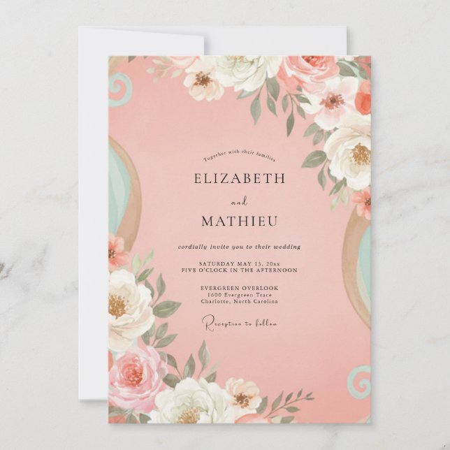 Invitation Mariage peint au corail et pêche (Devant)