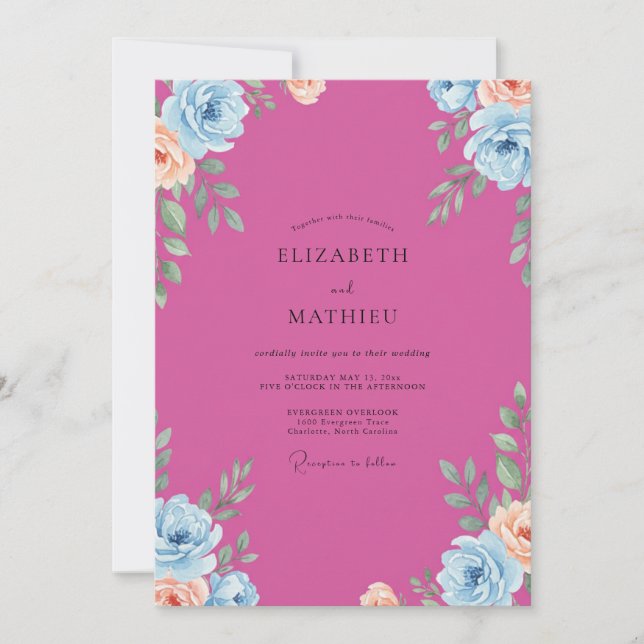 Invitation Mariage peint au corail fuchsia (Devant)
